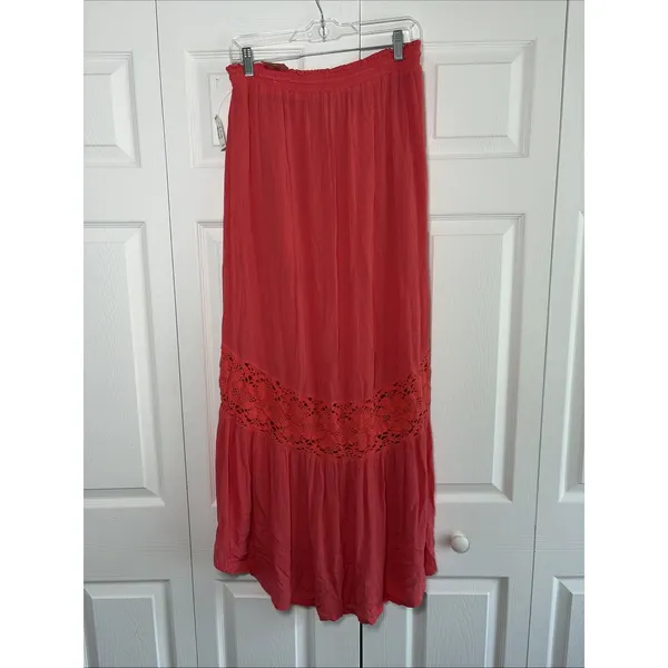 Aeropostale Crochet Inset High Low Maxi Skirt Womens M Pink Boho Rayon Gauze - Image 4