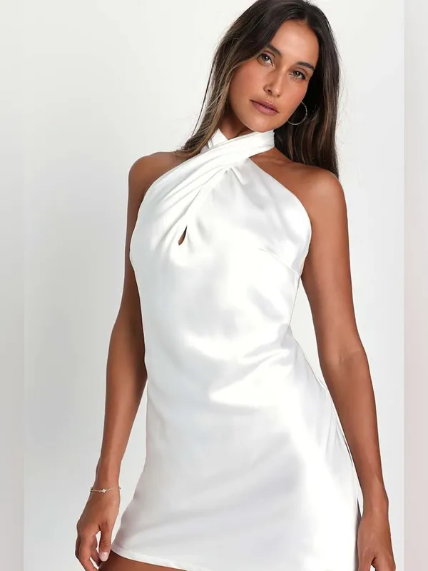 LULU’S Beyond Classy White Satin Halter Mini Dress - Image 2