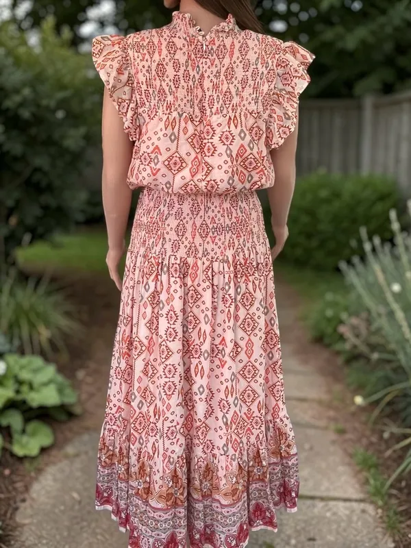 AQUA Boho Smocked Cotton Maxi Dress XL Pink Geometric Flutter Sleeve - Image 8