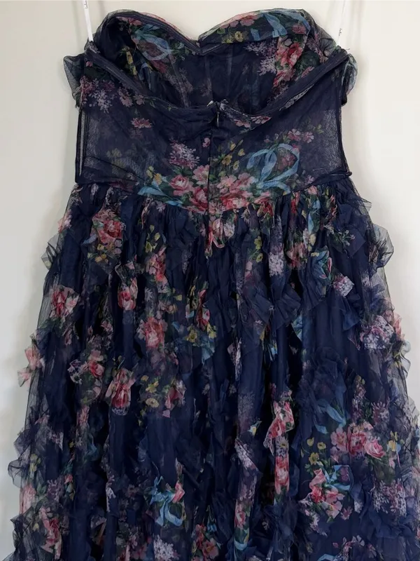 NWT Lulus Stunning Element Navy Floral Mesh Ruffled Strapless Maxi Dress - Small - Image 6