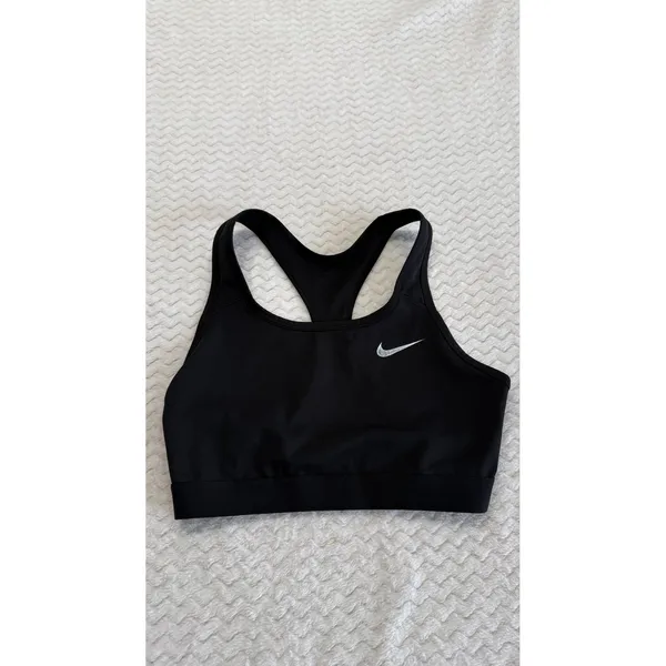 Nike Womens Dri-FIT Racerback Sports Bra Black Silver Swoosh Size Medium - Image 2