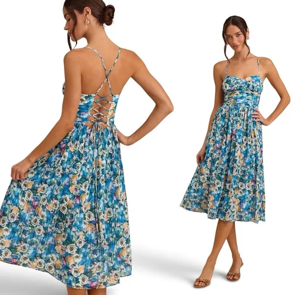 Lulus Aleyna Blue Multi Abstract Pleated Lace-Up Bustier Midi Dress size L NWT - Image 2