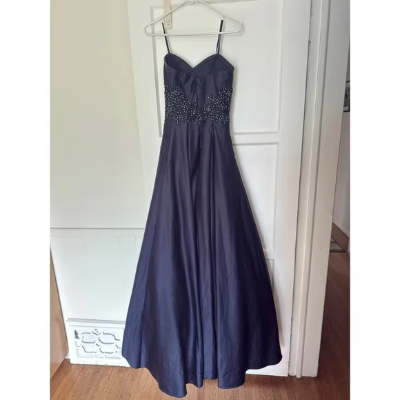 Blondie nite Navy Blue Satin Ball Gown Beaded Lace Waist Formal Evening Dress - Image 4