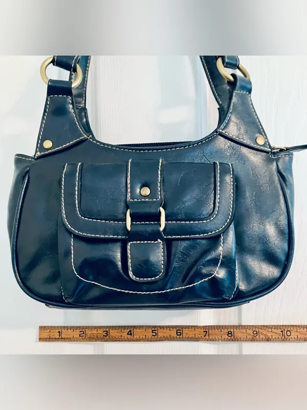 Navy Blue Shoulder Bag Purse Tote w/ Gold-Tone Accents: Faux Leather, Small - Image 8