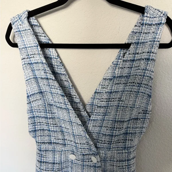 ZARA Blue and White Tweed Plaid Pinafore Mini Dress Medium Double Breasted - Image 9