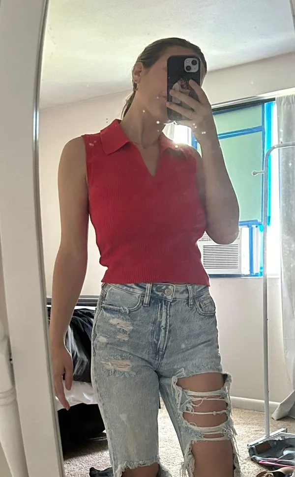 Old Navy Rib Knit Cropped Polo Sweater Shirt - Image 2
