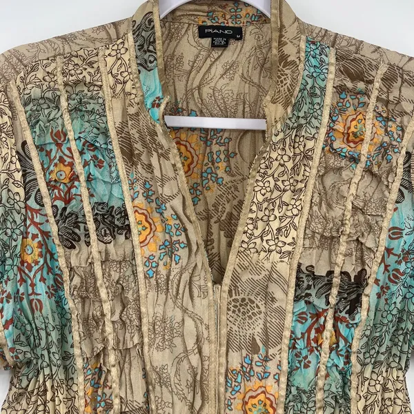 Y2K Piano Patchwork Snap Top Sz M Boho Festival Crinkle Artsy Satin Chiffon Tan - Image 2