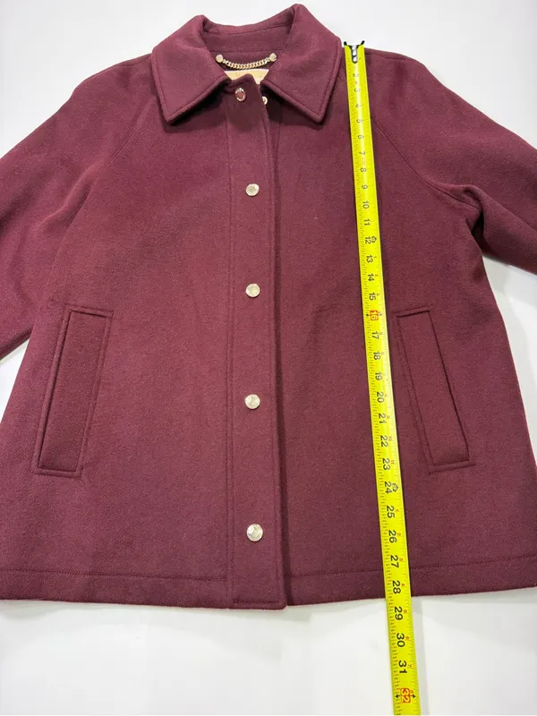 Michael Kors Wool Blend Wine Red Single-Breasted Wool Peacoat with Gold Buttons - Image 3