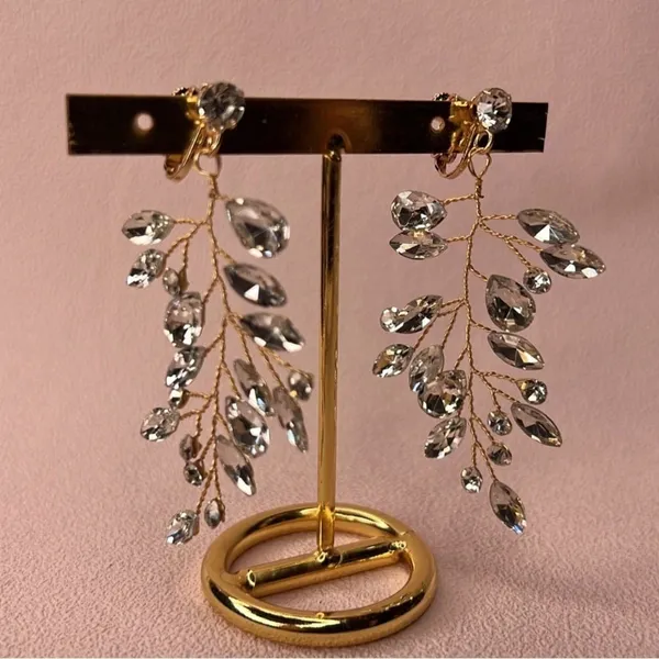 Vintage Gems Bridal Rhinestone Vine Clip On Earrings Gold Crystal Dangle - Image 3