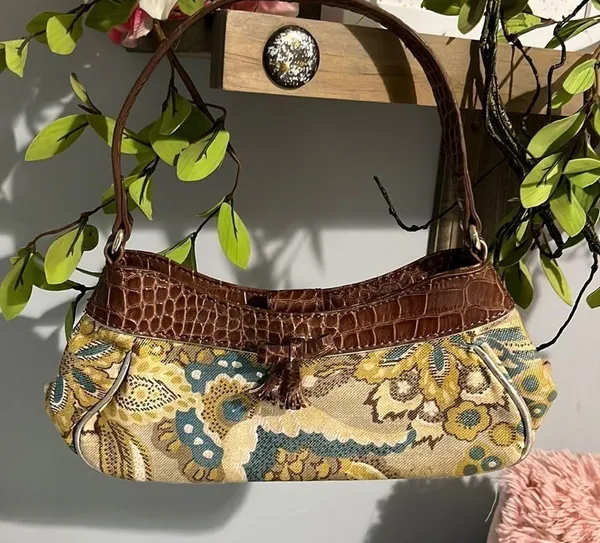 Liz Claiborne Purse Small Alligator Look Strap Floral Brown Gold Shoulder Bag - Image 4