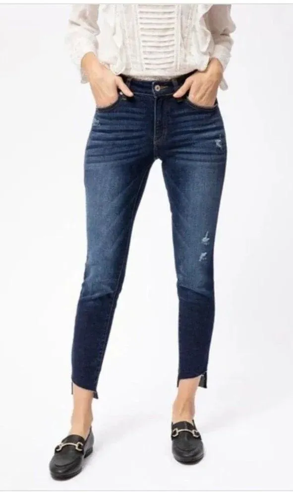 Kancan Mid Rise Ankle Skinny Jeans Size 11/29 Dark Wash Raw Hem KC8396D - Image 10