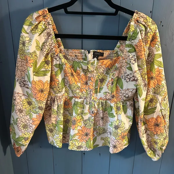 J. Crew Orange and Green Puff Sleeve Peplum Blouse | Size 4 - New - Image 2