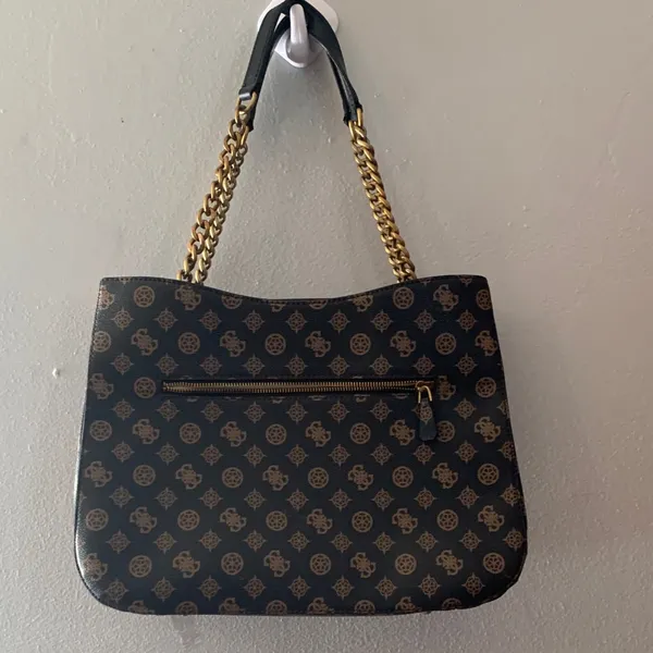 GUESS Black and Brown Monogram Chain-Handle Tote - Image 4