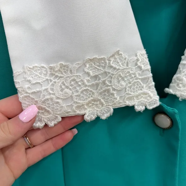 Vintage Lenore S teal lace embroidered collared button down maid dress‎ pleated - Image 3