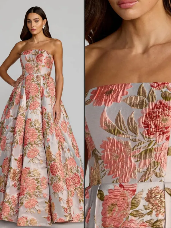 MAC DUGGAL 69169 Pink Strapless Floral Brocade Ball Gown With Pockets Size 2 - Image 2