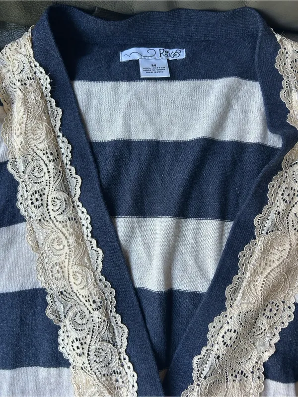 RXB stripped Navy and Cream Lace-Trim Cardigan Sweater - Image 5