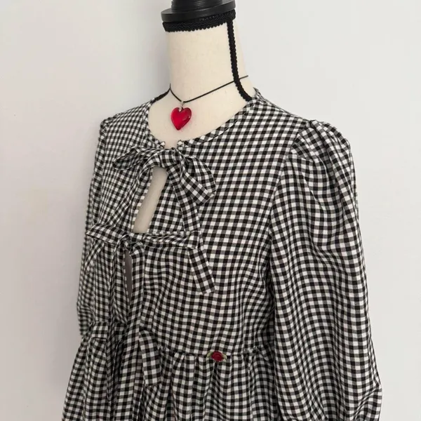 Boutique black & white gingham bow tie up blouse with mini red bows & red rosebuds - Image 3
