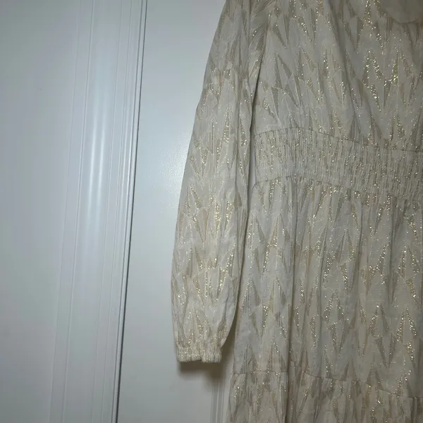 Sail to Sable Gold Metallic Chevron Smocked Midi Dress Cream V-Neck Small - Image 2