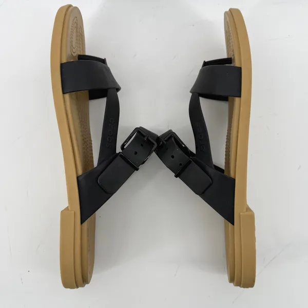 Crocs Tulum Toe Post Sandal Black Tan Women 11 Strappy Buckle Slip On Flip Flop - Image 6