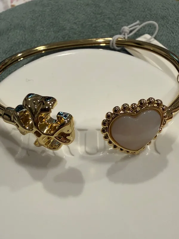 Tory Burch | Gold Plated Logo & Mother of Pearl Heart Bangle | Medium - Image 2