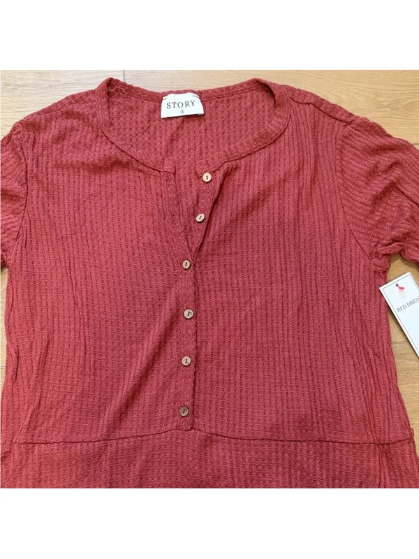Red Dress Boutique Waffle Knit Henley Dress in Rust - Image 3