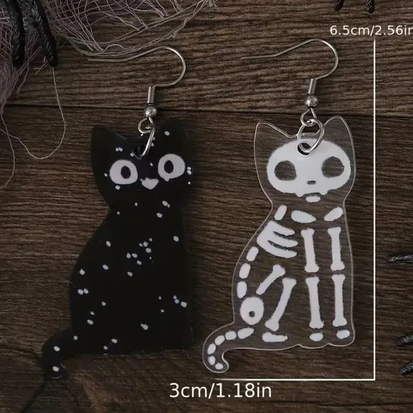 Acrylic Ear Jewelry Black Cat & White Cat Skeleton Design Asymmetric Earrings Re - Image 5