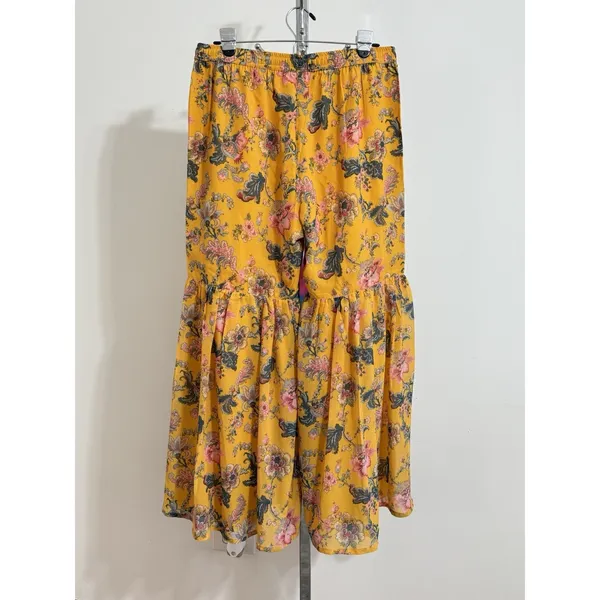Janasya Yellow Floral Sharara Pants Women Size M Wide Leg Flared Palazzo Boho - Image 6