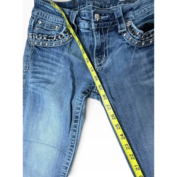 Miss Me Signature Cuffed Skinny Jeans Medium Wash Embellished Studded Size 28 - Image 5