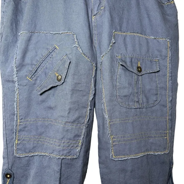 Y2K Linen Cargo Capri Blue Utility Boho Cropped Pants Sz L Button‎ Fly Wide Leg - Image 6