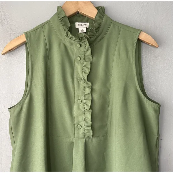 J Crew Ruffled Sleeveless Top Size 6 Green Office Siren Romantic Career Blouse - Image 2