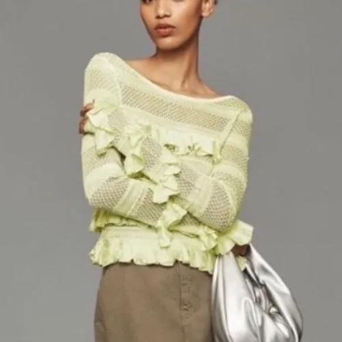 Anthropologie Ruffle Open Knit Sweater Womens Large Lime Green Feminine Coquette - Image 3