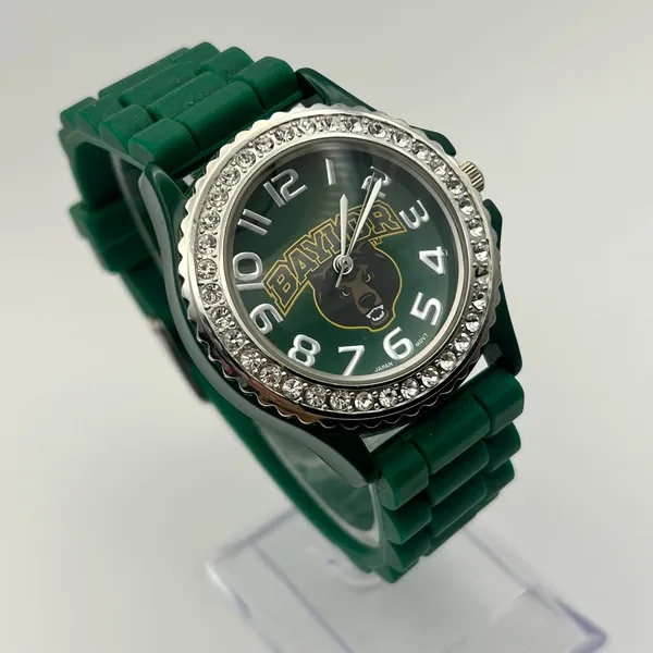 Green Baylor Bears Silicone Watch featuring a Rhinestone Bezel Working - Image 3