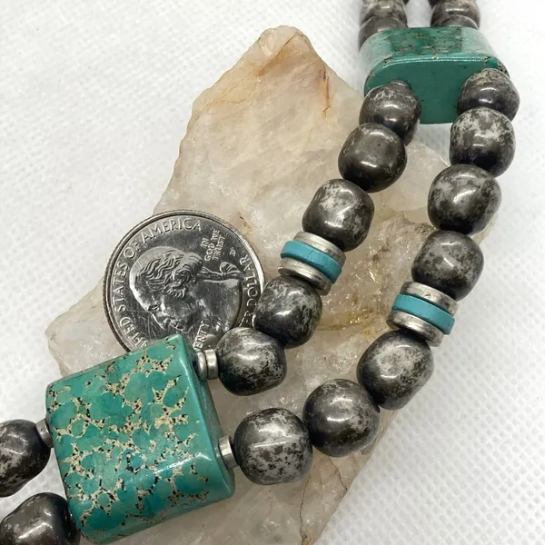 Vintage Japan Silver Tone & Teal 2 Strand Beaded 30'' Necklace Unique‎ 1960s - Image 5