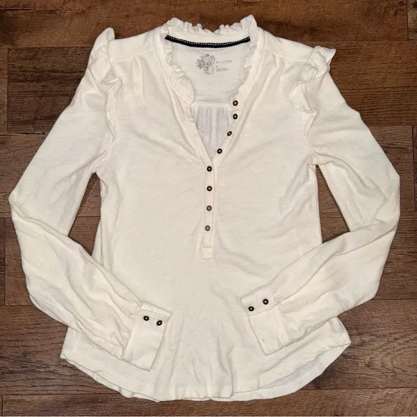 Anthropologie Pilcro Cream Ruffle-Shoulder Henley Long-Sleeve Top - Image 2