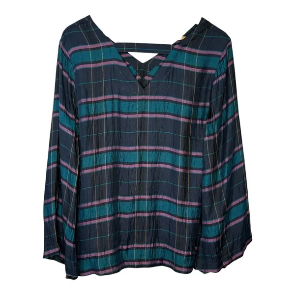 LOFT Plaid Blouse Women Medium Blue Teal Purple‎ Bell Sleeve V-Neck Strappy Back - Image 5