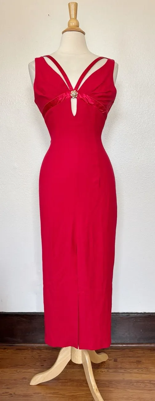 Vintage 80s Solid Red Fitted Full Length Cut Out Formal Dress Size 6 - Image 2