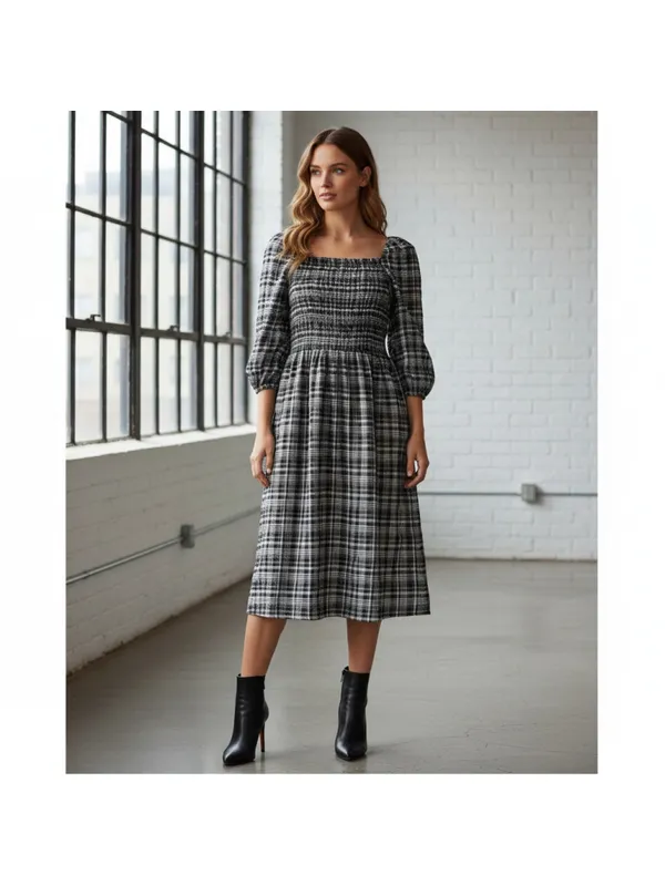 LOFT Plaid Gingham Square Neck Midi Dress Size L NWT - Image 8