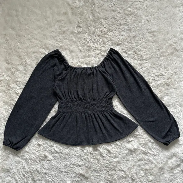 Sweater Plush Square-Neck Smocked Top Long Sleeve Dark Gray M - Image 5