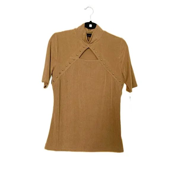 I.N.C. International Concepts Short Sleeve Cutout Mock Neck Top Light Camel - Image 4
