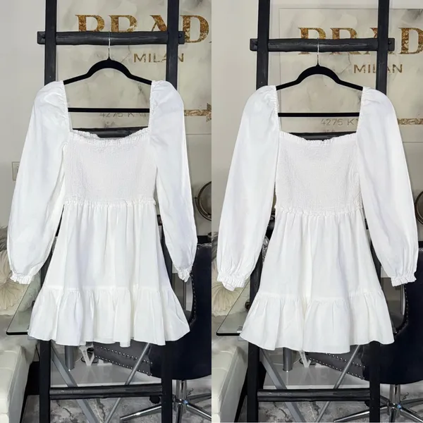 New Aritzia Wilfred New Tempest White Smocked Linen Mini Dress Square Neck Small - Image 6