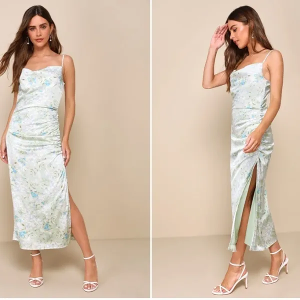 LULUS Floral Sexy Chic Satin Wedding Formal Event Floral Slip Midi Dress - Image 4