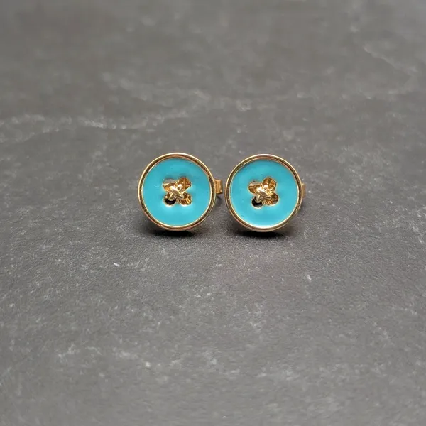 Vintage Clip On Earrings Turquoise Tone & Gold Tone Button Design - Whimsical - Image 2