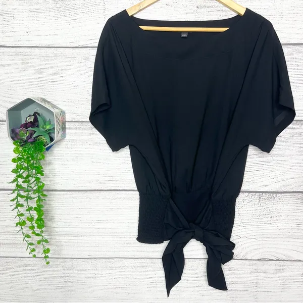 Ann Taylor Black Boatneck Dolman Sleeve Smocked Waist Tie Back Top Size Large - Image 5