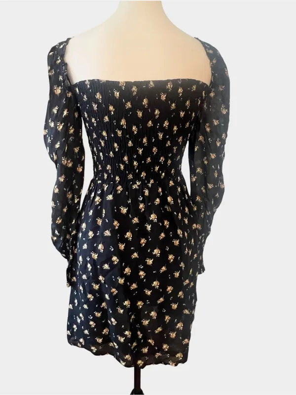 Maje Rithik Black Camel Floral Smocked Mini Dress Size 36 US 4 Small - Image 7