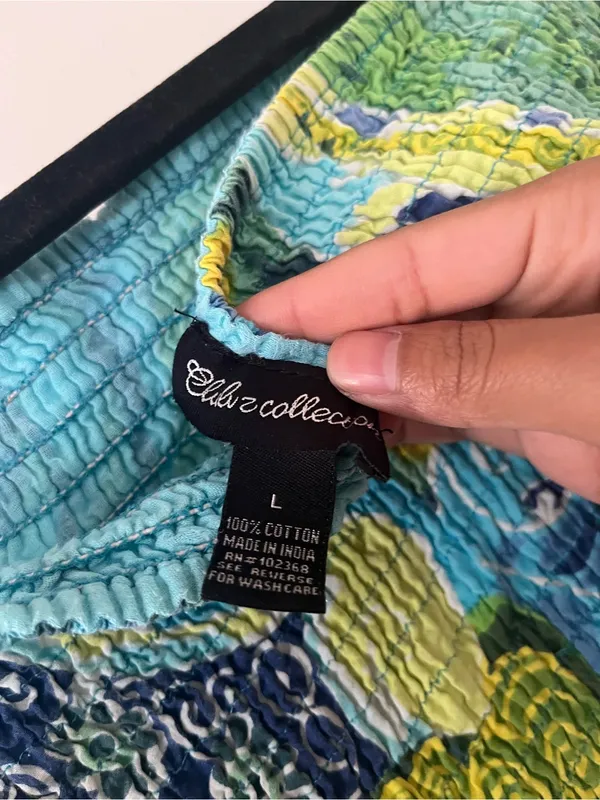 Y2K Tropical Strapless Blue Green Smocked Midi Dress Large 100% Cotton Resort - Image 8