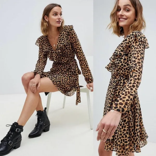 Free People Frenchie Leopard Print Georgette Mini Wrap Dress Boho Ruffle XS - Image 2