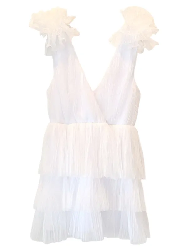 Sz L Lulus Dramatic Arrival White Tulle Tiered Surplice Mini Dress - Image 4