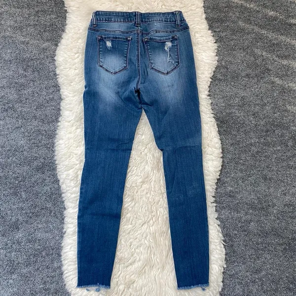 Enjean Blue Denim Skinny Jeans Distressed Raw Hem Y2k Boho Chic Grunge Alt - Image 6