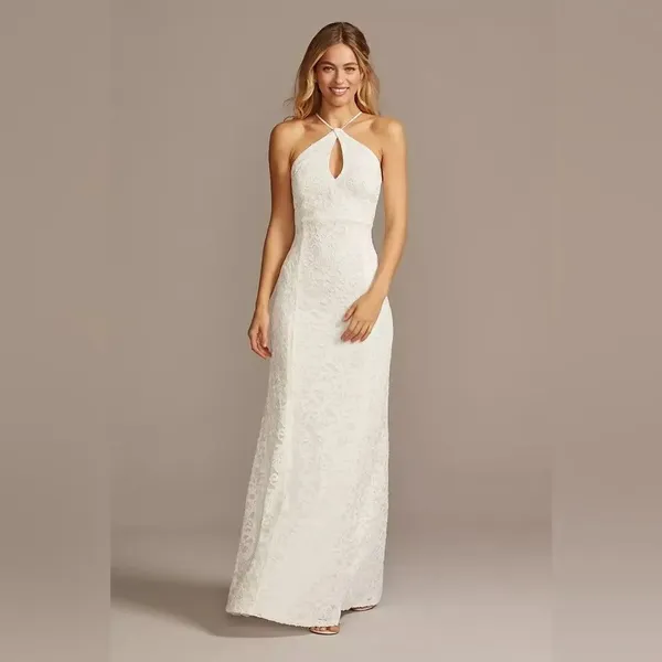 DB Studio Stretch Lace Halter Neck Gown White Size 14 - Image 3