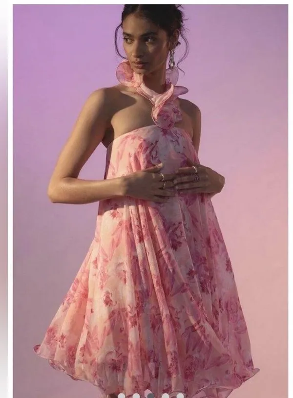 Anthropologie mini pink dress tie neck size small - Image 3